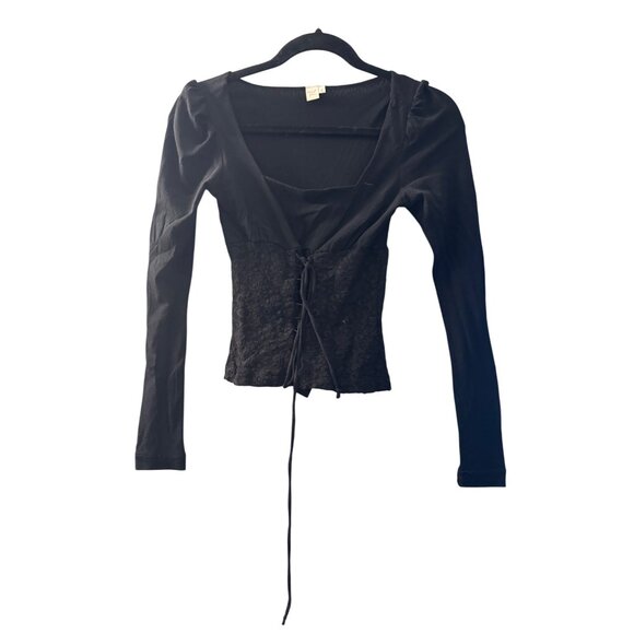 Black Floral Lace Corset-Style Long Sleeve Top With Adjustable Tie Closure - Picture 1 of 2